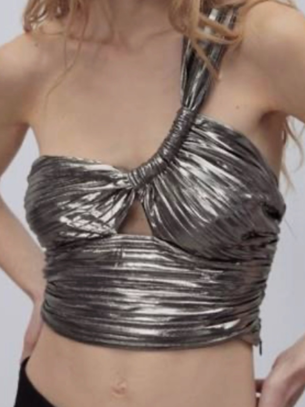 ZARA Metallic Pleated One Shoulder Crop Top XS NWT Silver